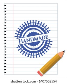 Handmade blue ink pen emblem. Vector Illustration. Detailed.