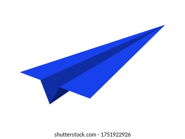 Plano de papel azul hecho a mano en un estilo plano aislado en un fondo blanco. Avión de Origami. 