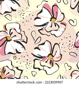 Handmade Botanical background of abstract flowers and spots.  seamless pattern of summer floral background. Sketchy drawing of black outlines and white and pink blue strokes. 