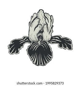 Handmade botanical drawing of iris flower black and white outline for cosmetics, decorative use