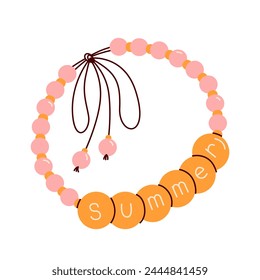 A handmade bracelet with the inscription Summer. Jewelry and costume jewelry for children. Beading, handmade, fashion. Friendship bracelet. Isolated on a white background. Stylish accessory for hand.