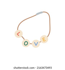 Handmade Bracelet On String With Love Text On Beach Stones. Kids DIY Jewelry Bangle. Craft Hand Made Wristband. Summer Jewellery. Flat Vector Illustration Isolated On White Background