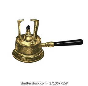 
Handmade brass tabletop alcohol burner with  handle. Hand drawn vector object on a white background. Color vintage sketch.
