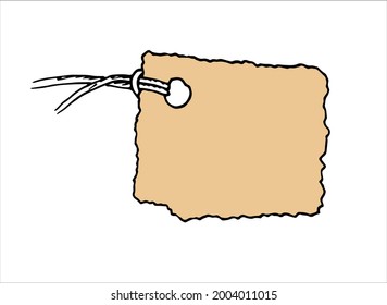 Handmade brown rectangular labels drawn by hand in sketch style on a gift for congratulations and text. Vector isolated doodle-style label with an uneven edge and a hole with a ribbon