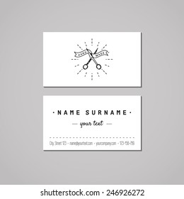 Handmade business card design concept. Logo with scissors and ribbon. Vintage, hipster and retro style. Black and white.