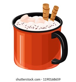 Handmade cacao illustration with crispy wafer tubules, marshmallows and whipped cream. Christmas mood illustration in vector. Mug with cacao and marshmallow.  