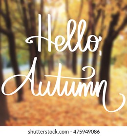 Handmade calligraphy and text Hello autumn. Poster with blurry effect. Vector blurred photographic background with forest