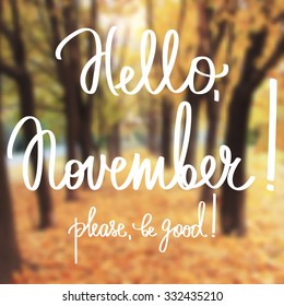 Handmade calligraphy and text Hello november.  Poster with blurry effect. Vector blurred photographic background