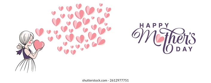 Handmade calligraphy vector illustration, Happy Mothers Day lettering, Mother's day greeting card, Vector banner with girl and flying pink paper hearts, Symbols of love on white background.