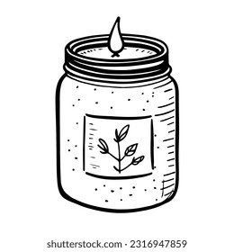 Handmade Candle in glass jar with herbal label. Hand drawn, doodle vector illustration