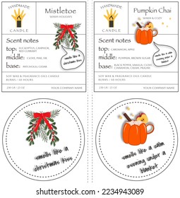 Handgefertigte Kerzenschablone Vorlage gemütliche Urlaubssüfte, Kürbischai mit Apfel-, Creme- und Gewürzkerze, Mistelgrün und rote Weihnachtsfarbenkennzeichnung
