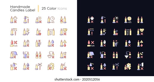 Handmade candles label light and dark theme RGB color manual label icons set. Isolated vector illustrations on white and black space. Simple filled line drawings pack for product use instructions