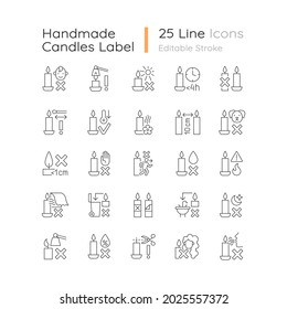 Handmade candles label linear manual label icons set. Fire safety. Customizable thin line contour symbols. Isolated vector outline illustrations for product use instructions. Editable stroke