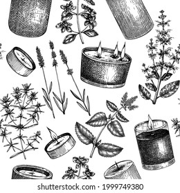 Hand-made candles seamless pattern. Hand-sketched aromatic and medicinal herbs background. Perfect for cosmetics, perfumery, candle making, label, packaging. Soap-making backdrop.