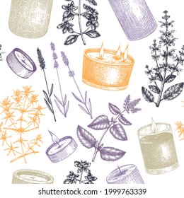 Hand-made candles seamless pattern. Hand-sketched aromatic and medicinal herbs background. Perfect for cosmetics, perfumery, candle making, label, packaging. Soap making  backdrop.