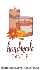 Handmade candles. Vertical card with sketch candles, calendula flower, lemon slice and lettering. Hobbies and crafts. Vector element for postcards, banners, and your creativity