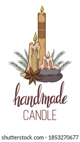 Handmade candles. Vertical card with sketch candles, star anise, stones, juniper branches and lettering. Hobbies and hobbies. Vector element for postcards, banners, and your creativity