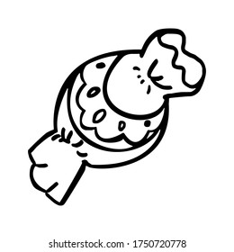 Handmade candy in a beautiful wrapper. Vector illustration of a subject on a white background. Cartoon style children's coloring book. An isolated element for scrapbooking.