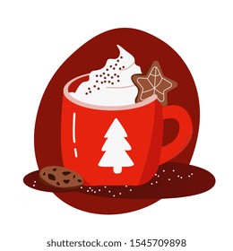 Handmade cartoon eggnog vector. Merry christmas celebration. Red cup with eggnog drink and cookie. Flat design for card or banner.