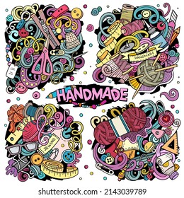 Handmade cartoon vector doodle designs set. Colorful detailed compositions with lot of hand made objects and symbols. All items are separate