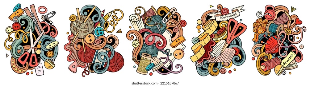 Handmade cartoon vector doodle designs set. Colorful detailed compositions with lot of crafts objects and symbols. Isolated on white illustrations