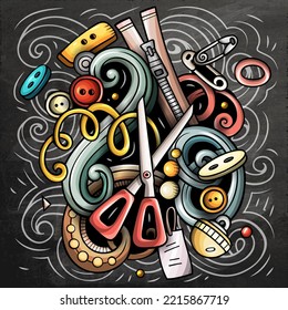 Handmade cartoon vector illustration. Chalkboard detailed composition with lot of Crafts objects and symbols. All items are separate