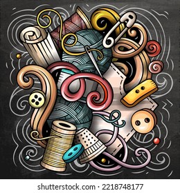 Handmade cartoon vector illustration. Chalkboard detailed composition with lot of Crafts objects and symbols. All items are separate