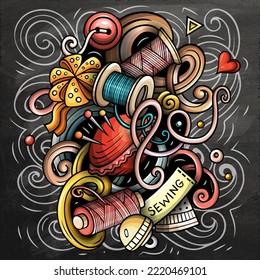 Handmade cartoon vector illustration. Chalkboard detailed composition with lot of Crafts objects and symbols. All items are separate