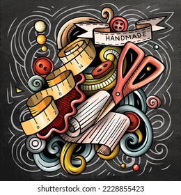 Handmade cartoon vector illustration. Chalkboard detailed composition with lot of Crafts objects and symbols. All items are separate