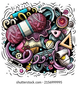 Handmade cartoon vector illustration. Colorful detailed composition with lot of Crafts objects and symbols. All items are separate