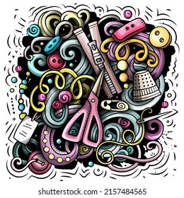 Handmade cartoon vector illustration. Colorful detailed composition with lot of Crafts objects and symbols. All items are separate
