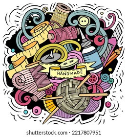 Handmade cartoon vector illustration. Colorful detailed composition with lot of Crafts objects and symbols. All items are separate