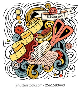 Handmade cartoon vector illustration. Colorful detailed composition with lot of Crafts objects and symbols. All items are separate