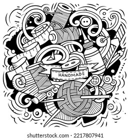 Handmade cartoon vector illustration. Sketchy detailed composition with lot of Crafts objects and symbols. All items are separate