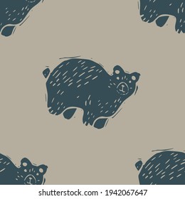 Handmade Carved Block Print Bear Seamless Pattern. Rustic Heritage Folk Art Background. Scandi Or Ethnic Indian Design. Naive Neutral Tone All Over Texture.