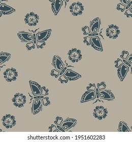 Handmade carved block print butterfly seamless pattern. Rustic naive folk silhouette illustration background. Modern scandi style decorative. Ethnic textiles, primitive fashion all over design. 