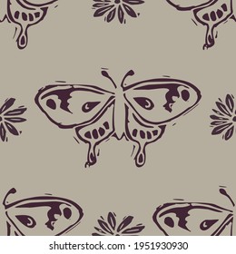 Handmade carved block print butterfly seamless pattern. Rustic naive folk silhouette illustration background. Modern scandi style decorative. Ethnic textiles, primitive fashion all over design. 