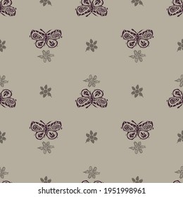 Handmade carved block print butterfly seamless pattern. Rustic naive folk silhouette illustration background. Modern scandi style decorative. Ethnic textiles, primitive fashion all over design. 