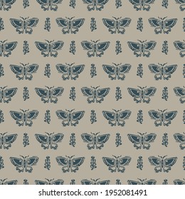 Handmade carved block print butterfly seamless pattern. Rustic naive folk silhouette illustration background. Modern scandi style decorative. Ethnic textiles, primitive fashion all over design. 