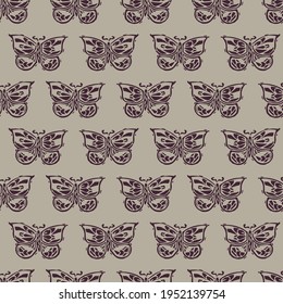 Handmade carved block print butterfly seamless pattern. Rustic naive folk silhouette illustration background. Modern scandi style decorative. Ethnic textiles, primitive fashion all over design. 
