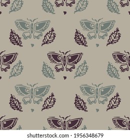 Handmade carved block print butterfly seamless pattern. Rustic heritage folk art background. Scandi or ethnic indian design. Naive neutral tone all over texture.