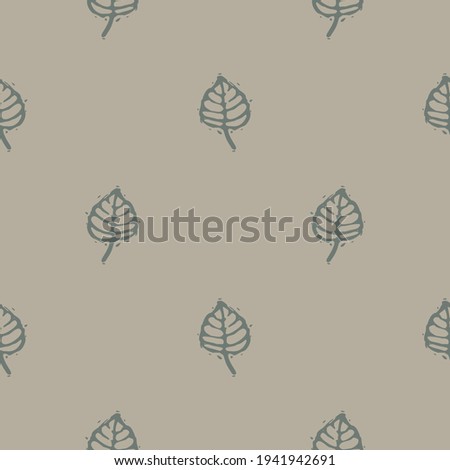 Handmade carved block print leaf seamless pattern. Rustic heritage folk art background. Scandi or ethnic indian design. Naive neutral tone all over texture.