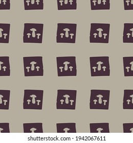 Handmade carved block print mushroom seamless pattern. Rustic heritage folk art background. Scandi or ethnic indian design. Naive neutral tone all over texture.