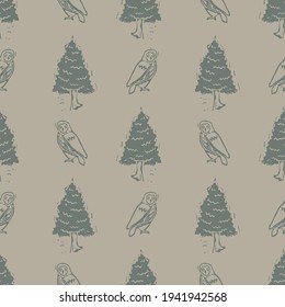 Handmade carved block print owl seamless pattern. Rustic heritage folk art background. Scandi or ethnic indian design. Naive neutral tone all over texture.