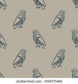 Handmade carved block print owl seamless pattern. Rustic heritage folk art background. Scandi or ethnic indian design. Naive neutral tone all over texture.