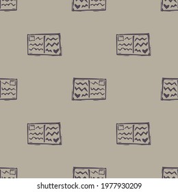 Handmade carved block print postcard seamless pattern. Rustic heritage folk art background. Scandi or ethnic indian design. Naive neutral tone all over texture.