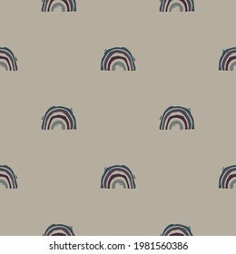 Handmade carved block print rainbow seamless pattern. Rustic naive folk silhouette illustration background. Modern scandi style decorative. Ethnic textiles, primitive fashion all over design. 