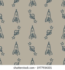Handmade carved block print space ship seamless pattern. Rustic naive folk silhouette illustration background. Modern scandi or Indian style decorative. Ethnic textiles, primitive fashion all over des