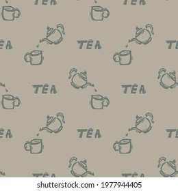Handmade carved block print tea pot seamless pattern. Rustic naive folk silhouette illustration background. Modern scandi or Indian style decorative. Ethnic textiles, primitive fashion all over design
