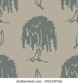 Handmade carved block print tree seamless pattern. Rustic naive folk silhouette illustration background. Modern scandi or Indian style decorative. Ethnic textiles, primitive fashion all over design. 